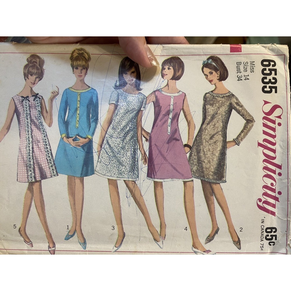 1965 Simplicity Sewing Pattern 6535 Size 14 Misses Dress Mod Cut Complete